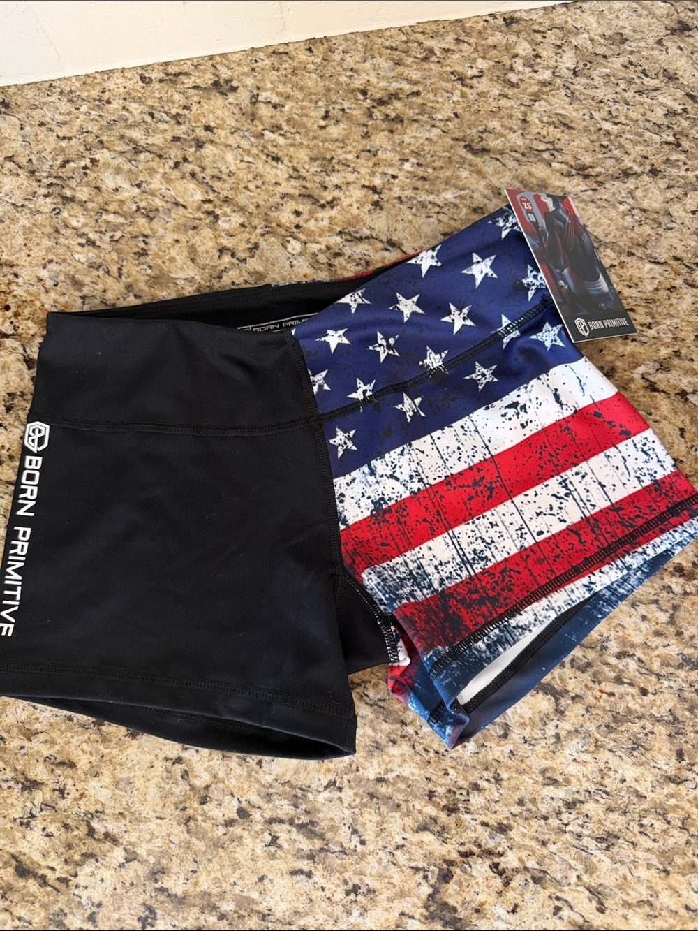 Born Primitive Black Athletic Shorts with Red, White & Blue Flag Panel NWT